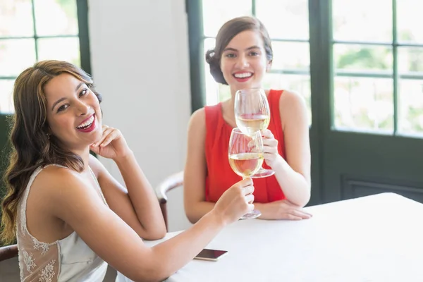 Friends toasting wine glasses while sitting in the restaurant — Stock Photo, Image