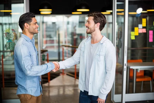 Zwei Kollegen beim Händeschütteln im Amt — Stockfoto