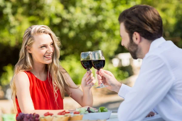 Счастливая пара пьет бокалы за вино — стоковое фото