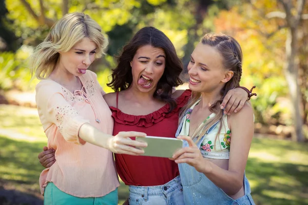 Vrienden nemen selfie met mobiele telefoon — Stockfoto