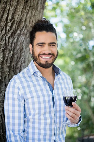 Man holding glass of wine in the park — Stock Photo, Image