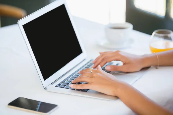 Donna che utilizza computer portatile in un ristorante — Foto Stock