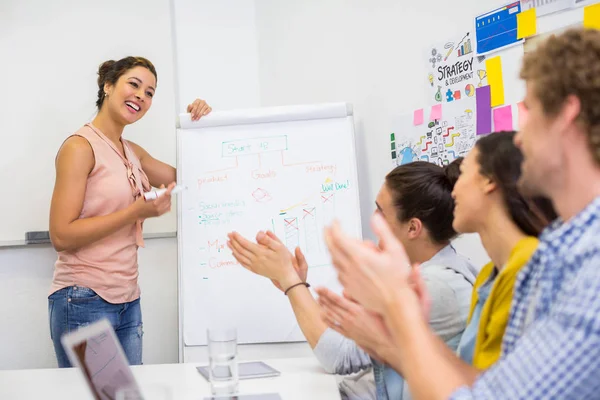 Kaderleden waarderen hun collega tijdens de presentatie in vergaderruimte — Stockfoto