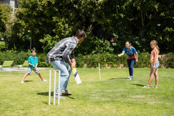 Gelukkig gezin spelen cricket in park — Stockfoto