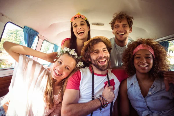 Group of friends having fun in campervan — Stock Photo, Image