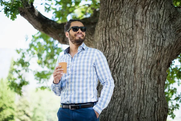 Schöner Mann mit Sonnenbrille mit Einweg-Kaffeetasse im Park — Stockfoto