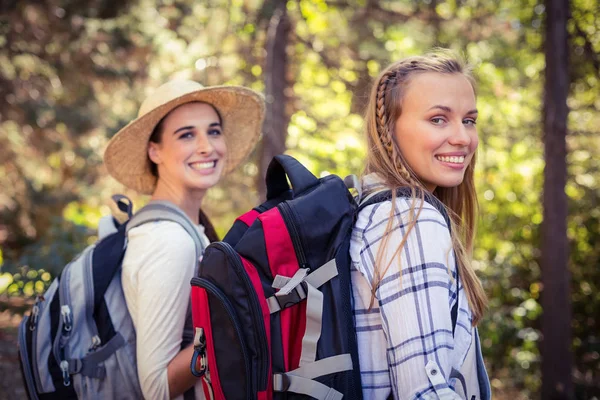 Two female friends walking together in forest — Stock Photo, Image