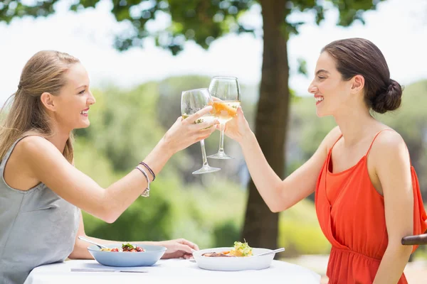 Vänner rosta glas vin på en restaurang — Stockfoto