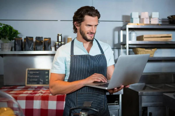 Pessoal masculino usando laptop no balcão — Fotografia de Stock