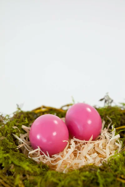 Ovos de Páscoa rosa no ninho — Fotografia de Stock