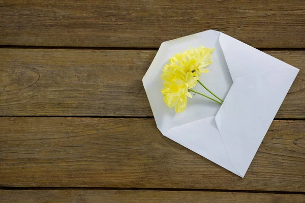 Fleurs jaunes dans une enveloppe sur une planche de bois — Photo