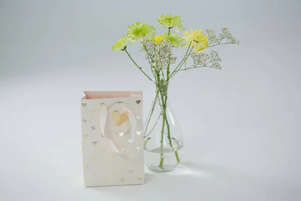Geschenktüte und Blumenvase auf weißem Hintergrund — Stockfoto