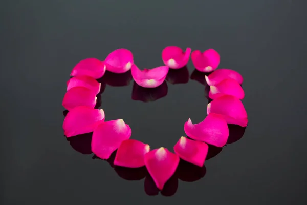 Pétalos de rosa formando forma de corazón contra fondo negro — Foto de Stock