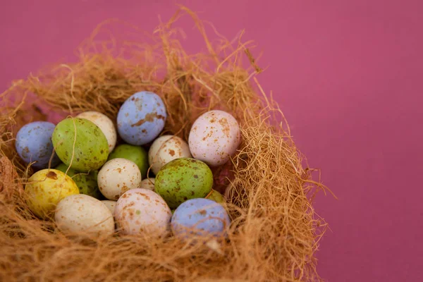 Colorful chocolate Easter eggs in the nest — Stock Photo, Image