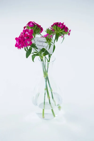 Ein Strauß rosa Rosen mit fröhlichem Muttertagsanhänger in der Blumenvase — Stockfoto