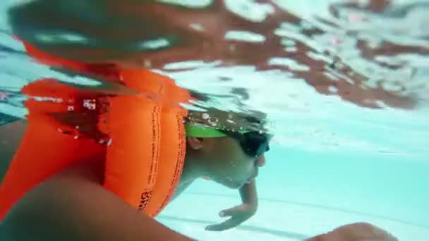 男孩在游泳池中游泳 — 图库视频影像