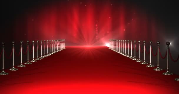 Довгий червоний килим з прожекторами на червоному тлі — стокове відео