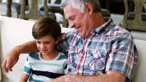 Abuelo interactuando con su nieto en el sofá — Vídeos de Stock