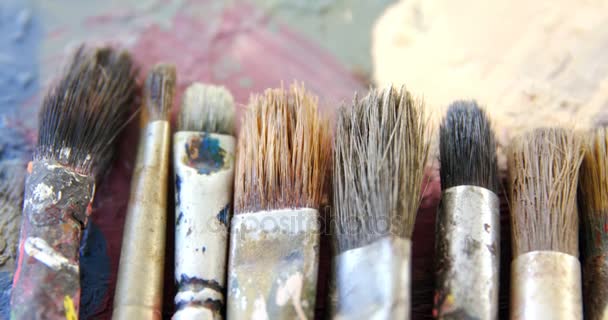 Various paint brushes on table — Stock Video