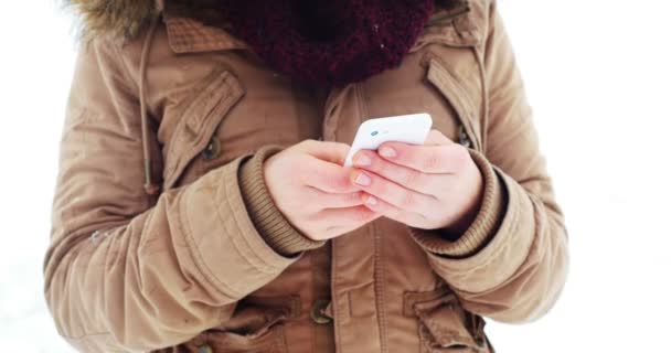 Mujer en chaqueta de piel usando teléfono móvil — Vídeos de Stock