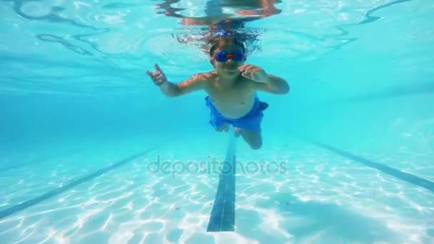 Niño nadando bajo el agua en la piscina — Vídeos de Stock