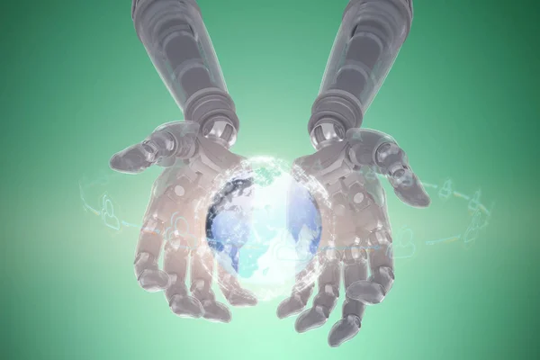 Sammansatt bild av robothänder mot grön bakgrund 3d — Stockfoto