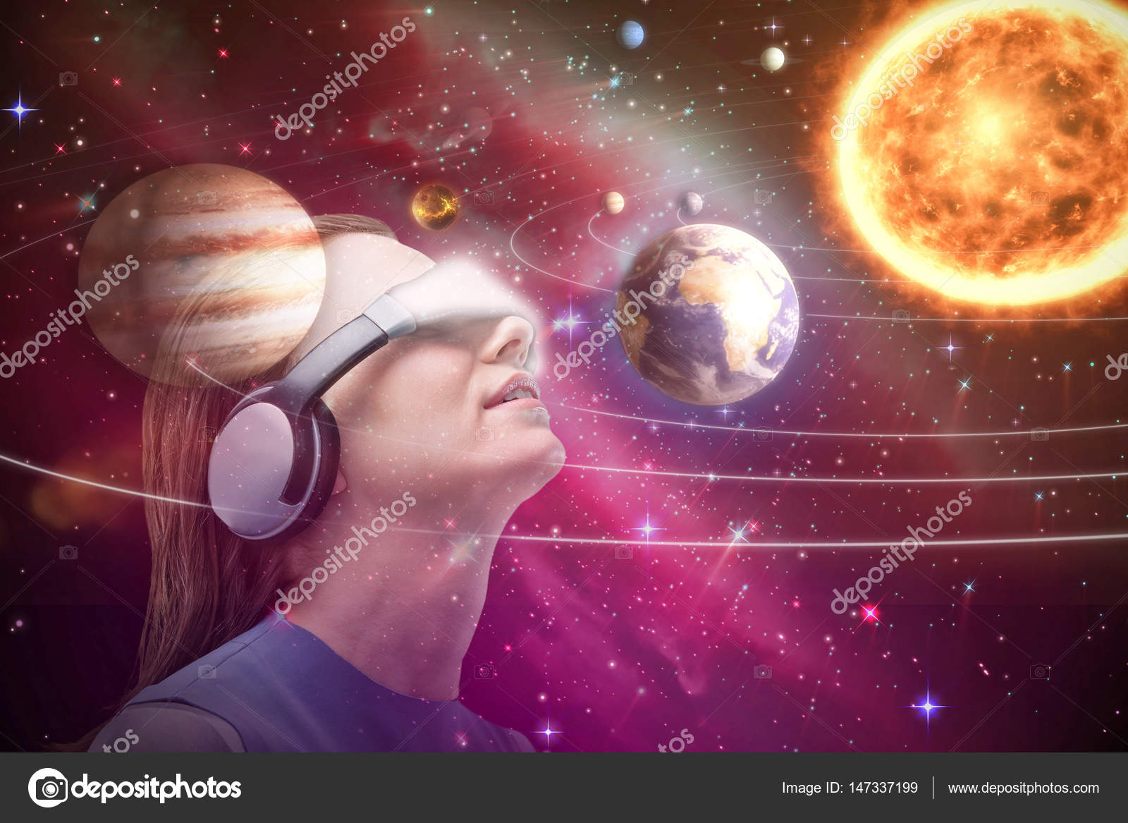 Brunette Using Virtual Reality Simulator Stock Photo