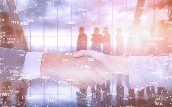 Zusammengesetztes Bild von Geschäftsleuten beim Händeschütteln auf weißem Hintergrund — Stockfoto