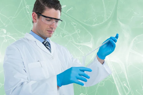 Composite image of doctor in medical gloves filling the test tube 3d — Stock Photo, Image