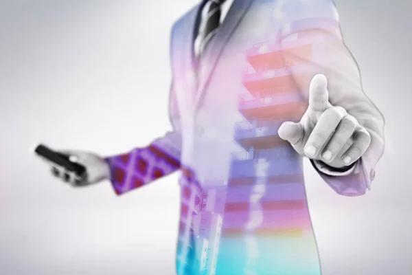 Złożony obraz brzuch biznesmena za pomocą futurystyczny cyfrowy ekran 3d — Zdjęcie stockowe