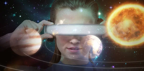 Composite image of close up of brunette wearing virtual reality simulator 3d — Stock Photo, Image