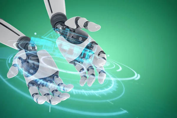 Composite image of robotic hands against green background 3d — Stock Photo, Image