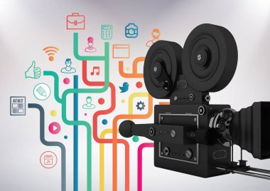 3D Film Camera against grey background with social media icon illustrations clipart