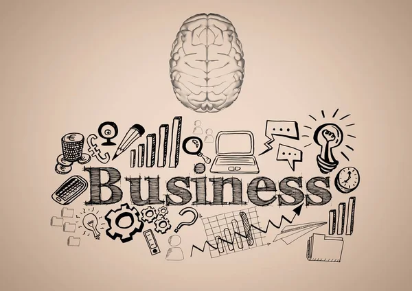 Transparent brain with black business doodles against cream background — Stock Photo, Image