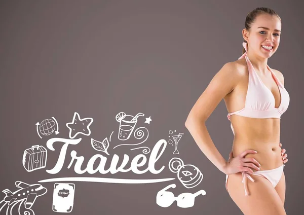 Donna in bikini con disegni di viaggio e grafica di scrittura — Foto Stock