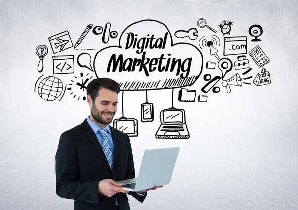 Biznesmen z digital marketing rysunki grafika — Zdjęcie stockowe