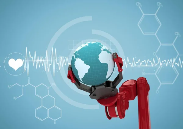 Červená robota dráp s globe proti bílé lékařské rozhraní a modrým pozadím — Stock fotografie