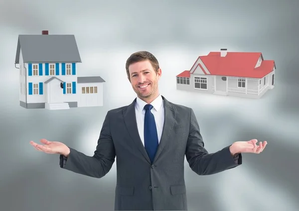 Man choosing or deciding houses with open palm hands — Stock Photo, Image