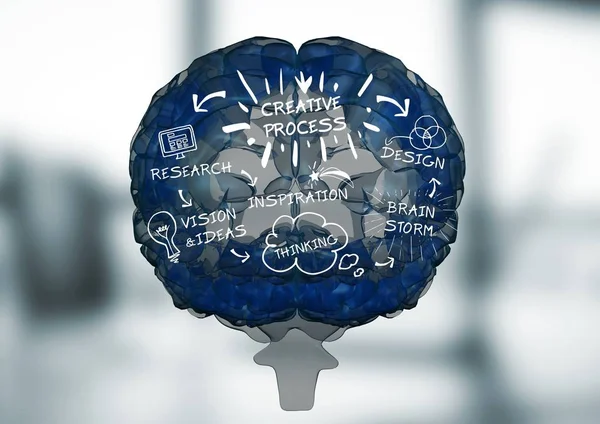 Blue brain with white design doodles against blurry grey office — Stock Photo, Image