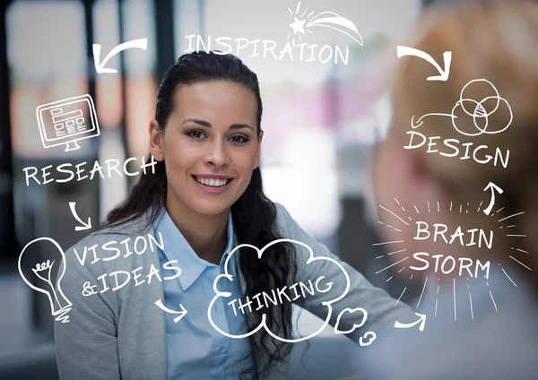Business woman behind blurry business woman with white business doodles — Stock Photo, Image