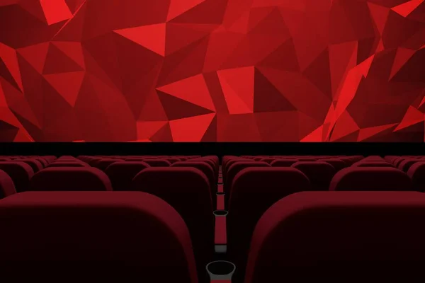 3d composition of cinema seats facing to screen with abstract shapes — Stock Photo, Image