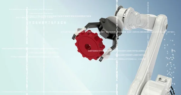 Garra de robot blanco sosteniendo engranaje rojo detrás de la interfaz blanca contra fondo azul —  Fotos de Stock