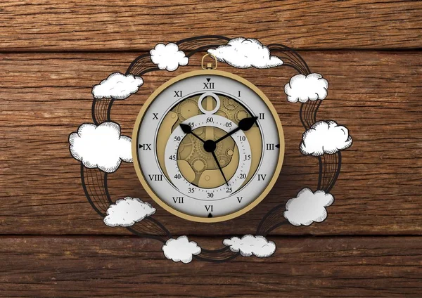 Reloj 3D con dibujos Cloud illustrion contra madera —  Fotos de Stock
