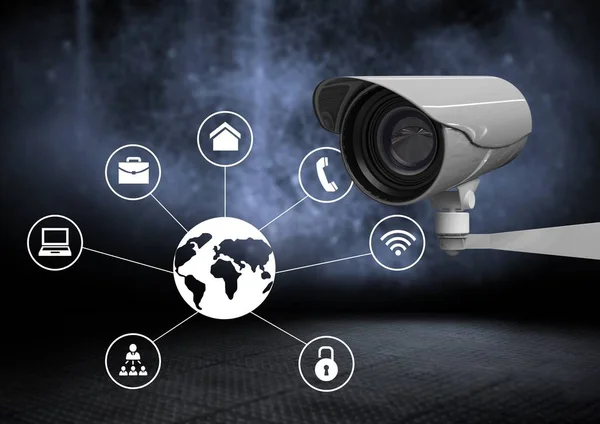 Security camera against dark background with world business icons — Stock Photo, Image