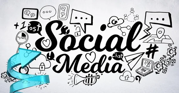 Blauer Pfeil mit schwarzen Social-Media-Doodles gegen weiße Wand — Stockfoto