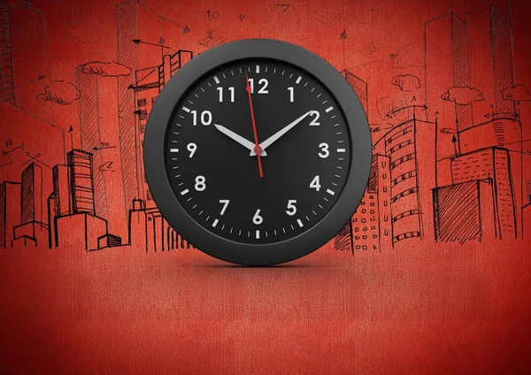 Horloge 3D sur fond rouge avec des dessins de bâtiments municipaux — Photo
