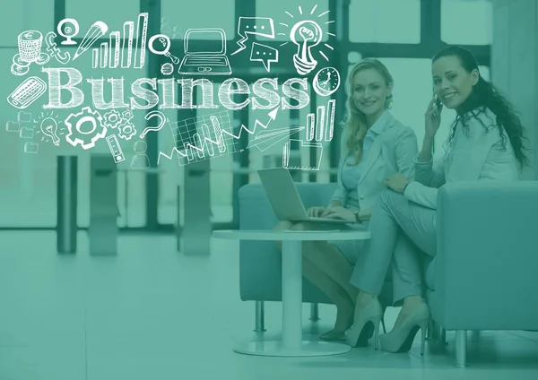 Business women sitting down with green overlay and white business doodles — Stock Photo, Image