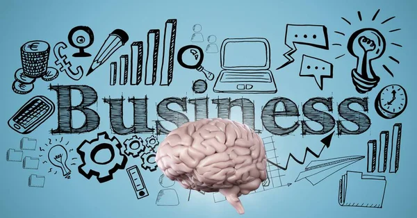 Różowy mózg przed doodle biznes czarny i niebieski tło — Zdjęcie stockowe