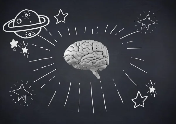 Grey brain with white space doodles against navy chalkboard — Stock Photo, Image