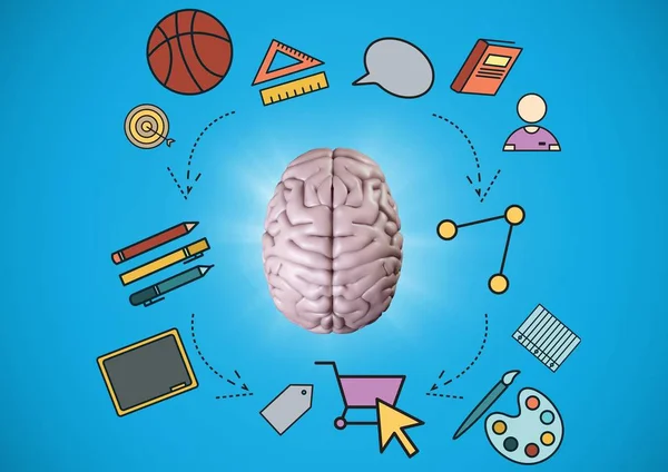 Pink brain with education graphics against blue background — Stock Photo, Image